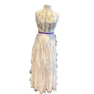 Floral Embroidered Halter Maxi Dress With Ruffled Tulle Skirt & Purple Waist Tie